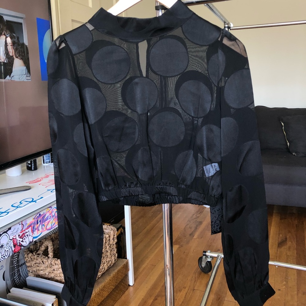 AGAIN Black Polka Dot Sheer Long Sleeve Crop Top